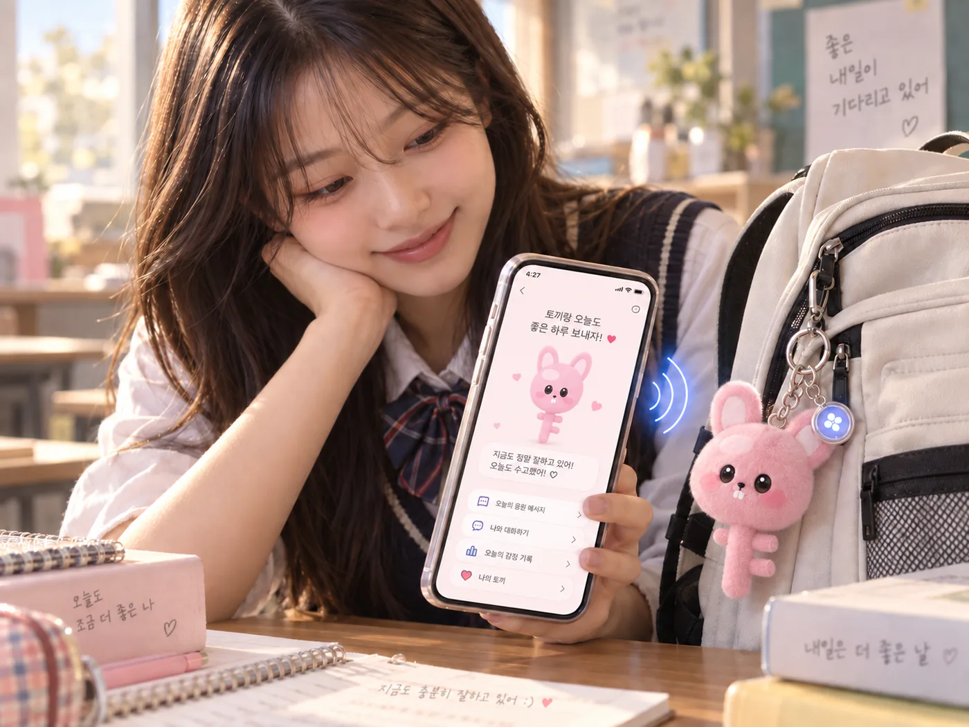 책상 앞에서 책가방에 단 토끼 키링 옆으로 폰을 든 학생