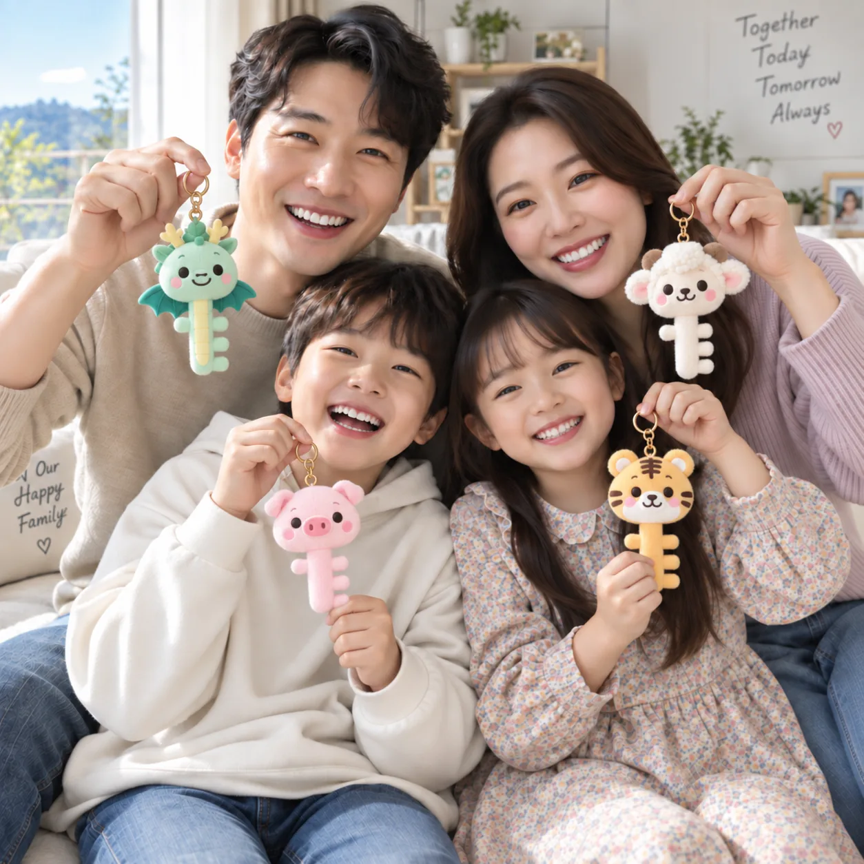 저마다 다른 동물 키링을 든 가족 네 명
