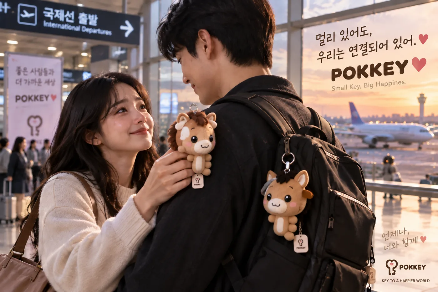 공항 출국장에서 말 키링을 단 백팩을 멘 사람과 배웅하는 사람