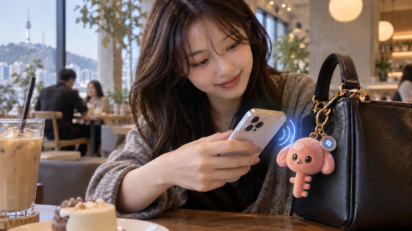 카페에서 가방에 단 분홍 키링에 폰을 대는 사람