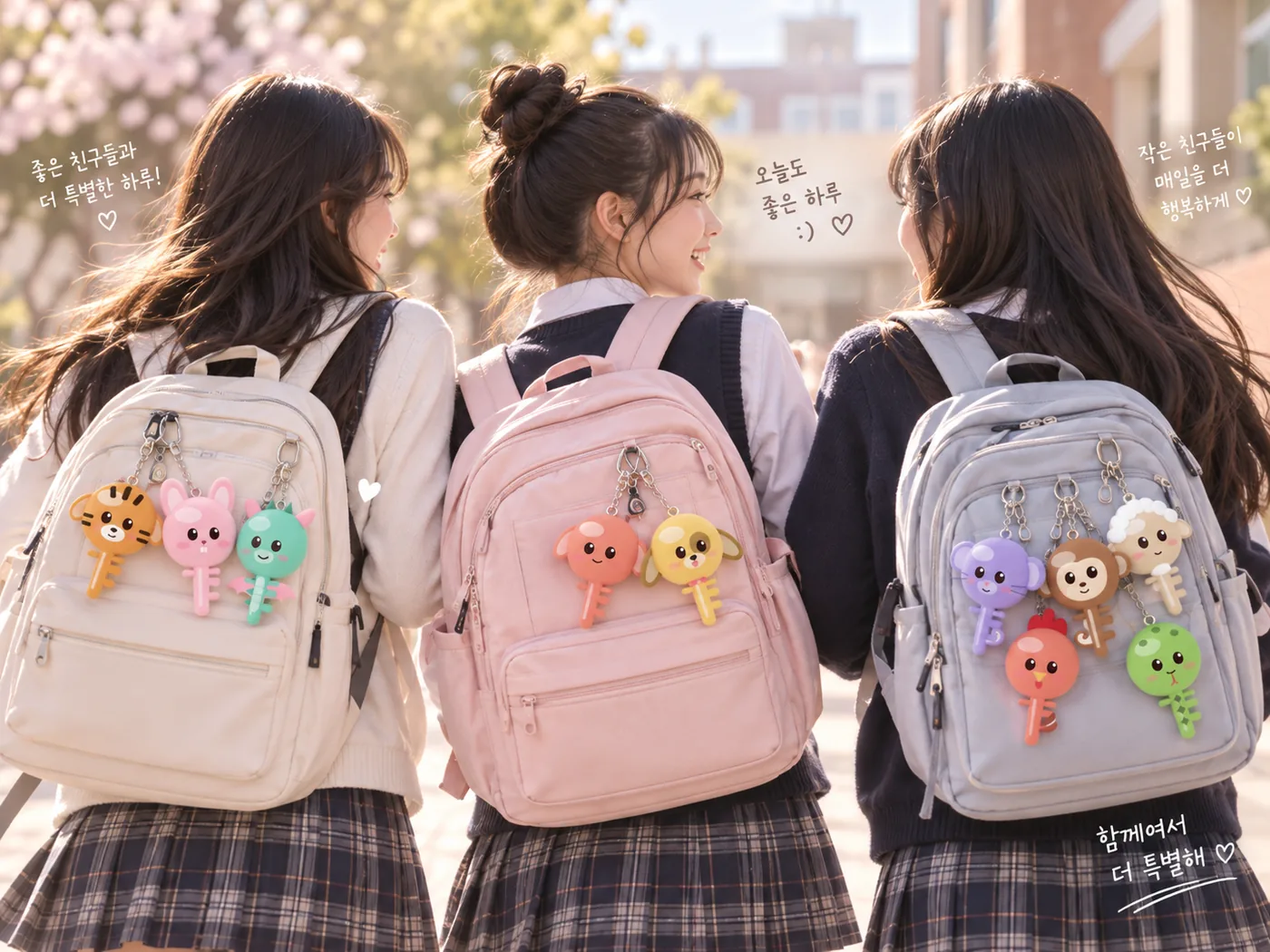 여러 동물 키링을 단 책가방을 멘 학생 셋의 뒷모습